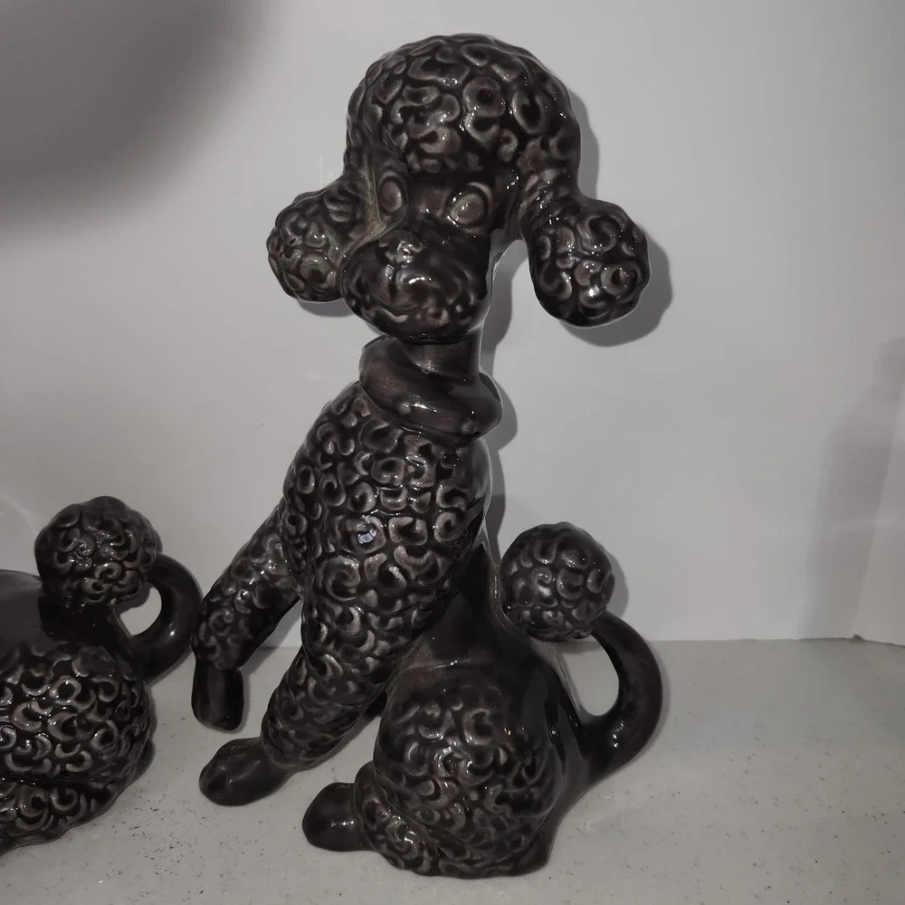 Vintage Mid Century Modern Gray Ceramic Shelf Poodles Dog Decor Signed Reiber